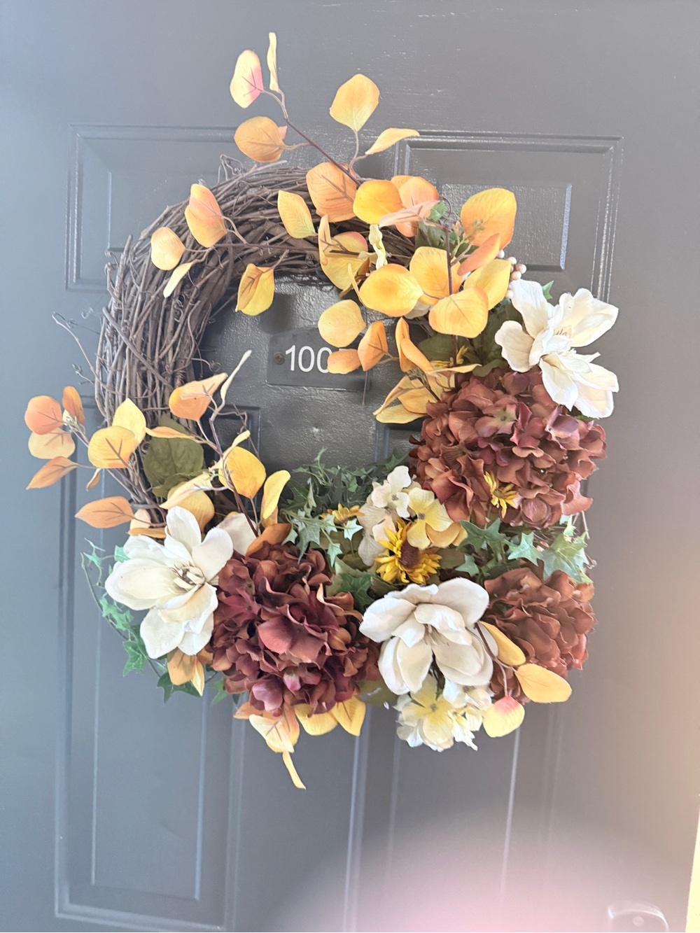 Autumn Magnolia & Hydrangea Faux Floral Wreath in Cream and Brown